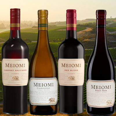 Meiomi Sample Collection – 4-bottle set of California wines including Cabernet Sauvignon, Red Blend, Pinot Noir, and Chardonnay, 750ml each