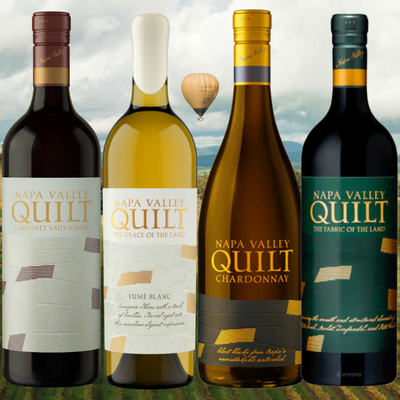 Quilt Napa Valley Wine Bundle – 4-bottle set featuring Cabernet Sauvignon, Red Blend, Fumé Blanc, and Chardonnay, 750ml each