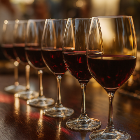 Ten Glasses of Cabernet Sauvignon on a table