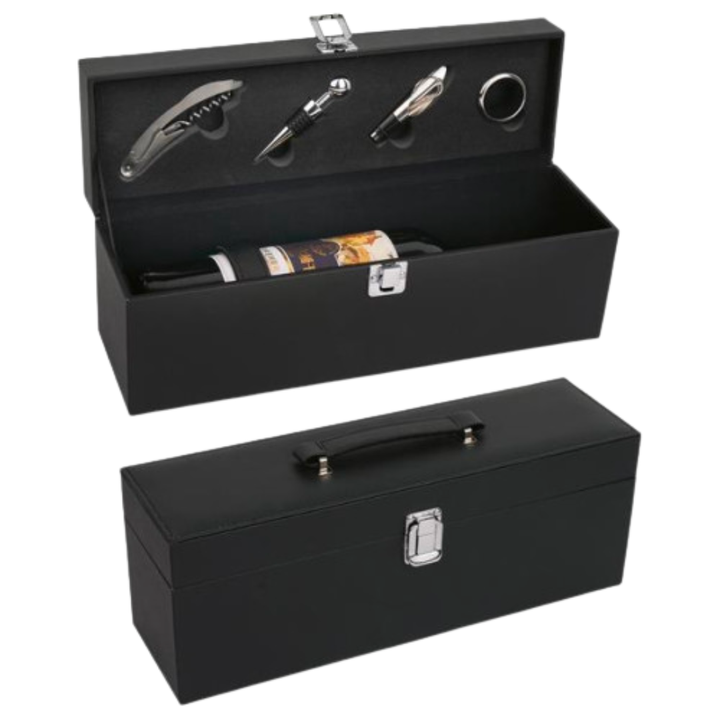 Coffret cadeau en cuir noir avec accessoires pour le vin