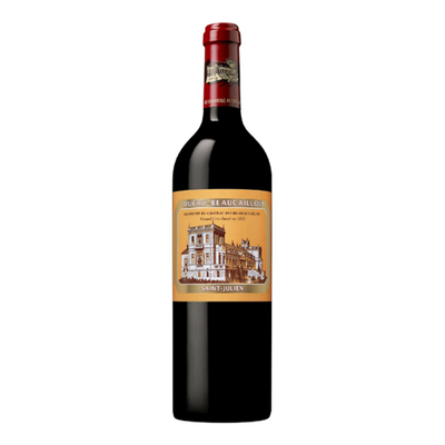 Red wine bottle with a label on a white background
