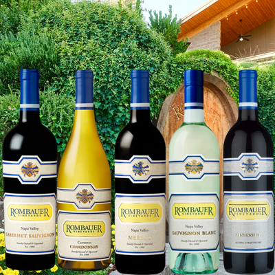 Rombauer Napa Valley Sampler Pack  5bottle wine set featuring Cabernet Sauvignon, Merlot, Zinfandel, Chardonnay, and Sauvignon Blanc in 750ml bottles