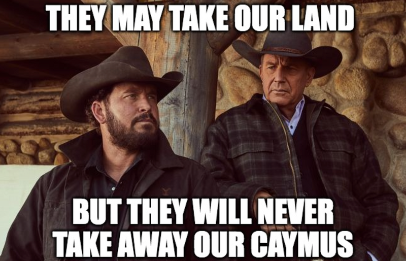 Two men in cowboy hats with a wooden wall background talking about Caymus wine meme.