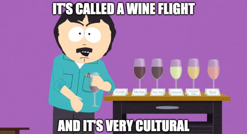 Cartoon character at a wine tasting with text about a wine flight being cultural.