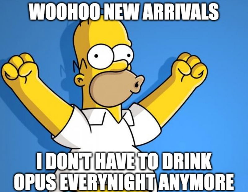 Cartoon character with text about new wine arrivals and drinking Opus One