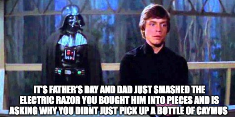 Two characters from a movie with a humorous caption about Father's Day and a bottle of Caymus.