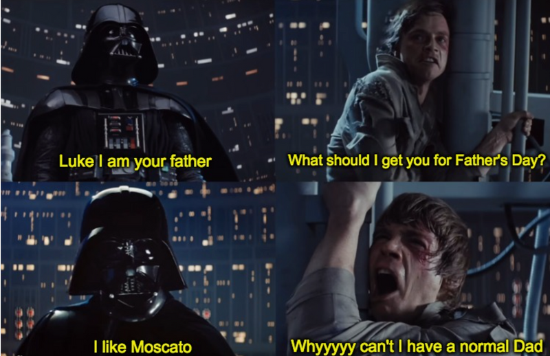 Collage of Darth Vader and Luke Skywalker with text overlay on a cityscape background arguing about the proper father's day wine gift 