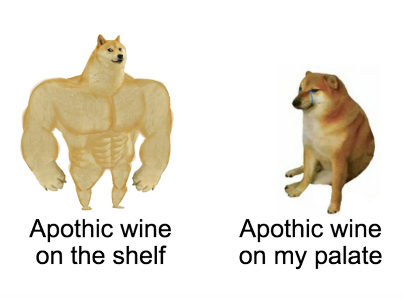 Two dogs with text 'Apothic wine on the shelf' and 'Apothic wine on my palate' on a white background in a wine meme.