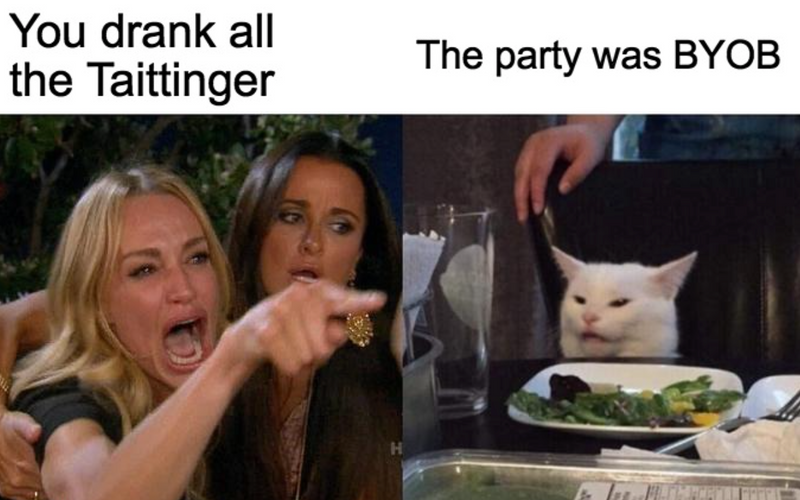 Two images: one of a woman pointing angrily at another, with text 'You drank all the Taittinger', and the other of a white cat sitting at a table with food, with text 'The party was BYOB' in a wine meme.