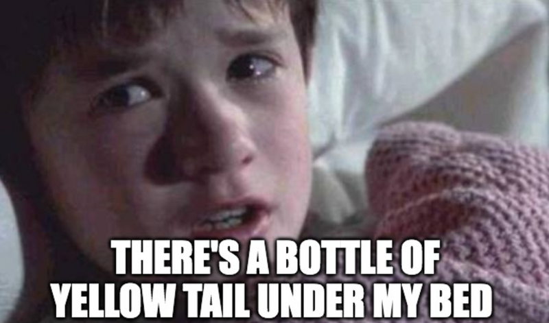 Child from the Sixth Sense with a bottle of yellow tail under their bed in a wine meme