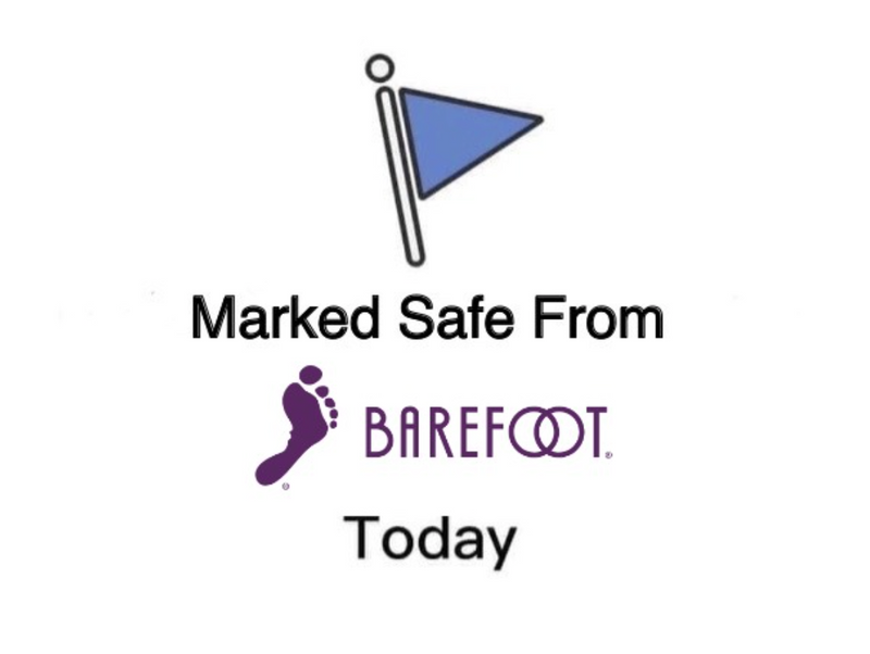Logo with a blue triangle flag and text 'Marked Safe From Barefoot Wine Today' on a white background