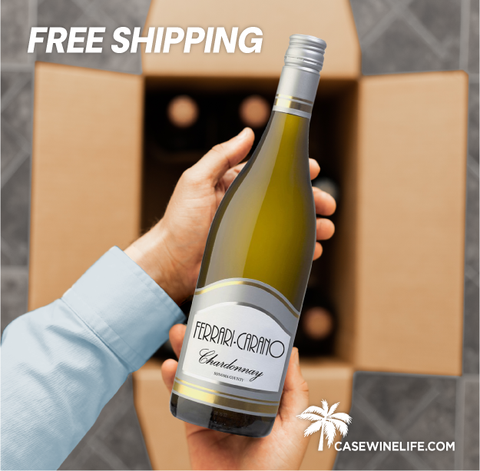 Hand holding a bottle of Ferrari Carano Chardonnay in front of a cardboard box with free shipping text.