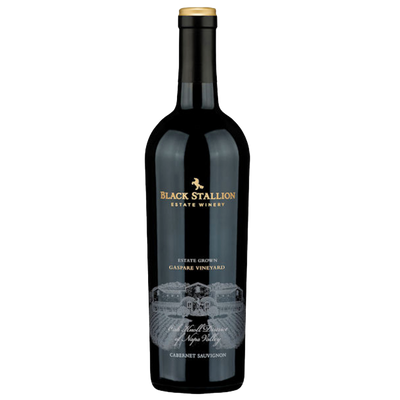 Wine bottle with 'Black Stallion Estate Winery' label on a white background