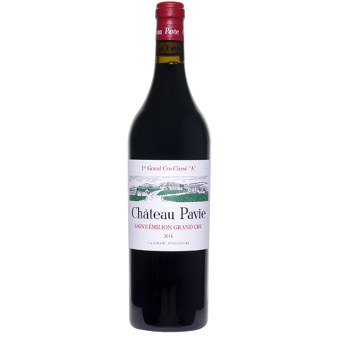 A bottle of Château Pavie Saint-Émilion Grand Cru 2016 red wine, featuring a dark glass bottle, a red foil seal, and a white label with a green and red landscape illustration.