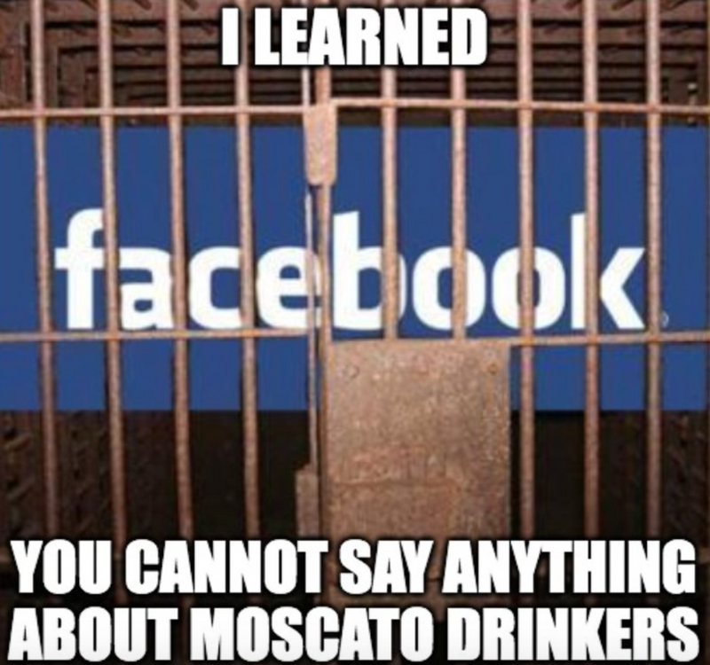 Facebook logo behind bars with text about Moscato drinkers