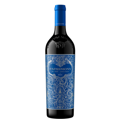 Wine bottle with blue label on a white background
