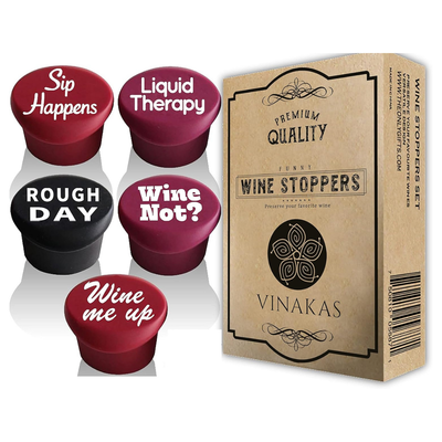 VINAKAS Funny Silicone Wine Stoppers – 5 Pack Gift Set