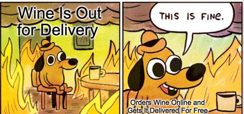 Comic strip with a dog in a burning house ordering wine online and getting it delivered for free.